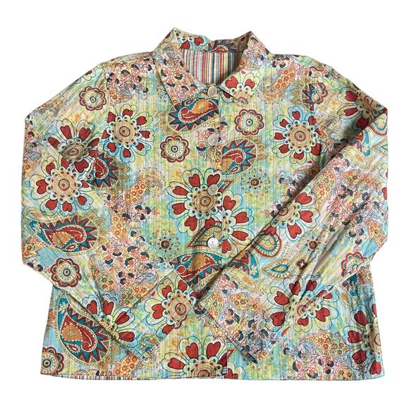 Reversible Double-Sided Blouse Jacket Abalone Buttons Paisley & Stripe M - Picture 9 of 9